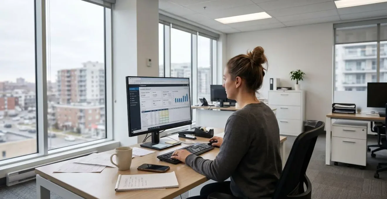 Bureau contemporain d'une petite entreprise québécoise avec ordinateur et vue urbaine en arrière-plan