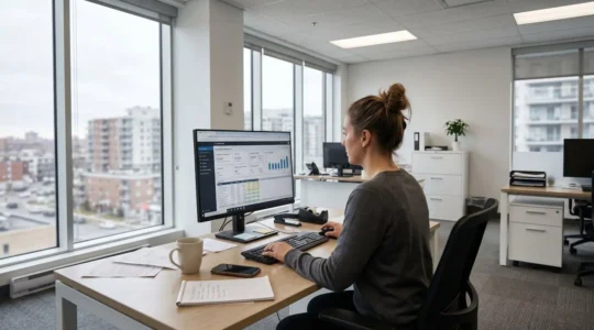 Bureau contemporain d'une petite entreprise québécoise avec ordinateur et vue urbaine en arrière-plan