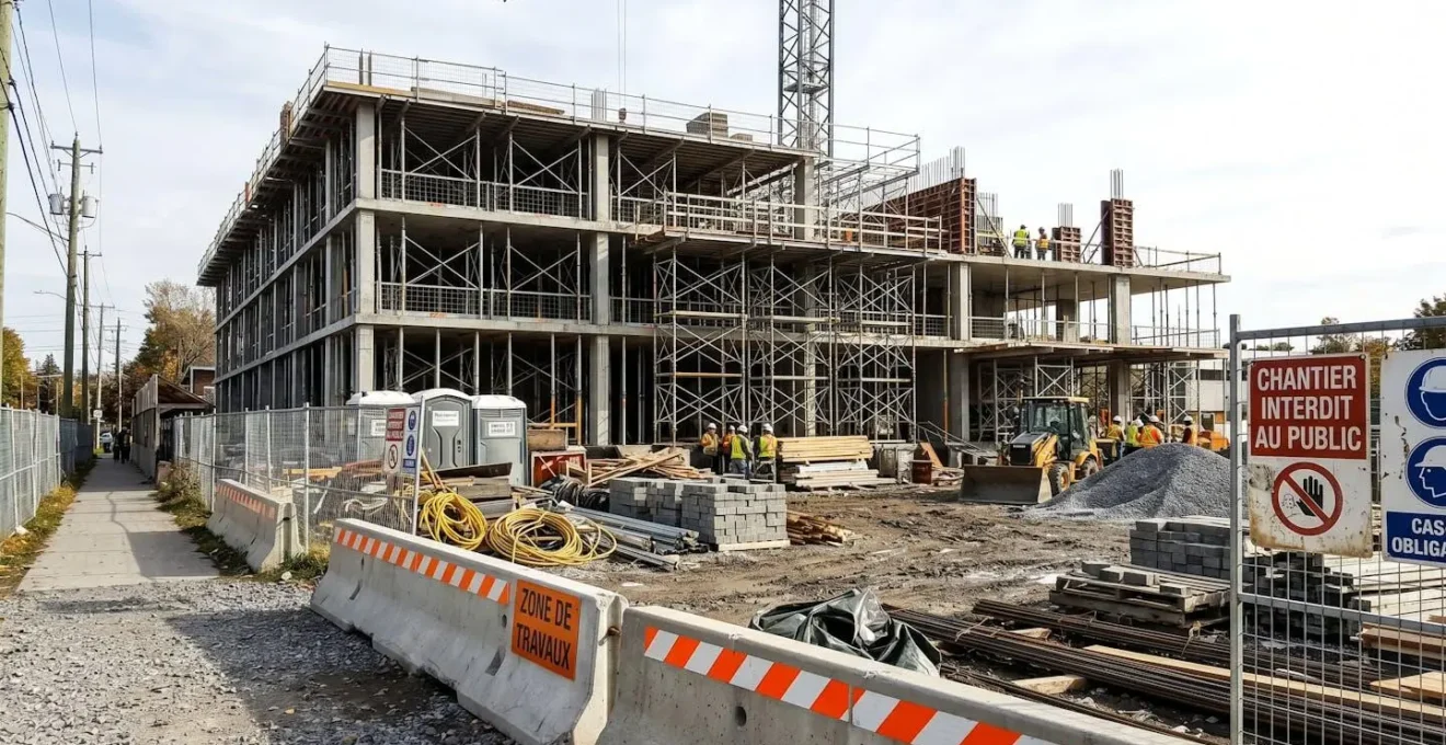 Chantier de construction québécois avec matériaux de chantier et équipements professionnels visibles