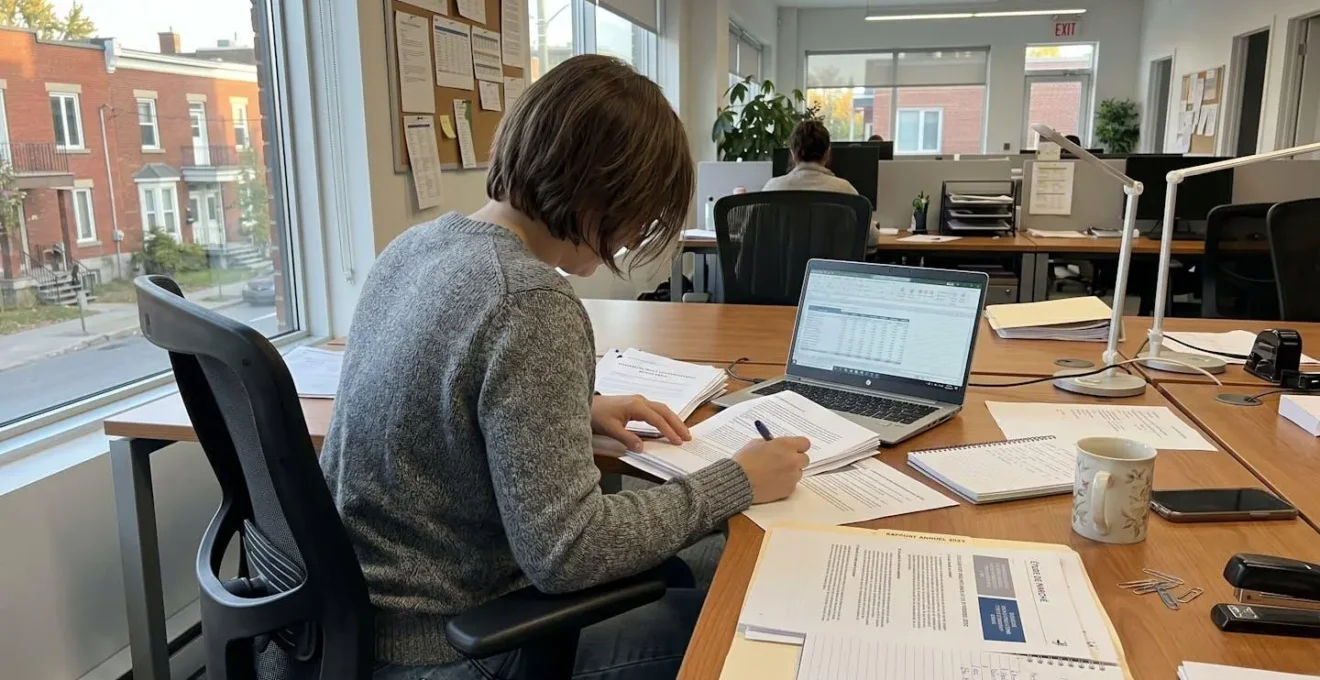 Entrepreneur québécois vu de dos analysant des documents d'assurance commerciale et des rapports sur son bureau