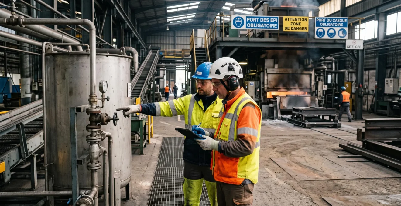 Ingénieur prévention et responsable d'exploitation examinant une installation technique sur un site industriel ICPE français, tous deux équipés d'EPI réglementaires, dans le cadre d'un audit de risques professionnels