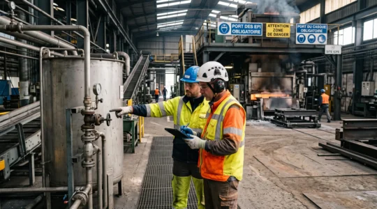 Ingénieur prévention et responsable d'exploitation examinant une installation technique sur un site industriel ICPE français, tous deux équipés d'EPI réglementaires, dans le cadre d'un audit de risques professionnels