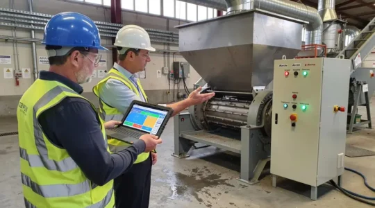 Ingénieur prévention et responsable d'exploitation examinant une installation technique sur un site industriel ICPE français, tous deux équipés d'EPI réglementaires, dans le cadre d'un audit de risques professionnels