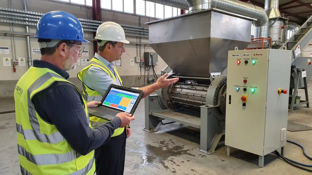 Ingénieur prévention et responsable d'exploitation examinant une installation technique sur un site industriel ICPE français, tous deux équipés d'EPI réglementaires, dans le cadre d'un audit de risques professionnels