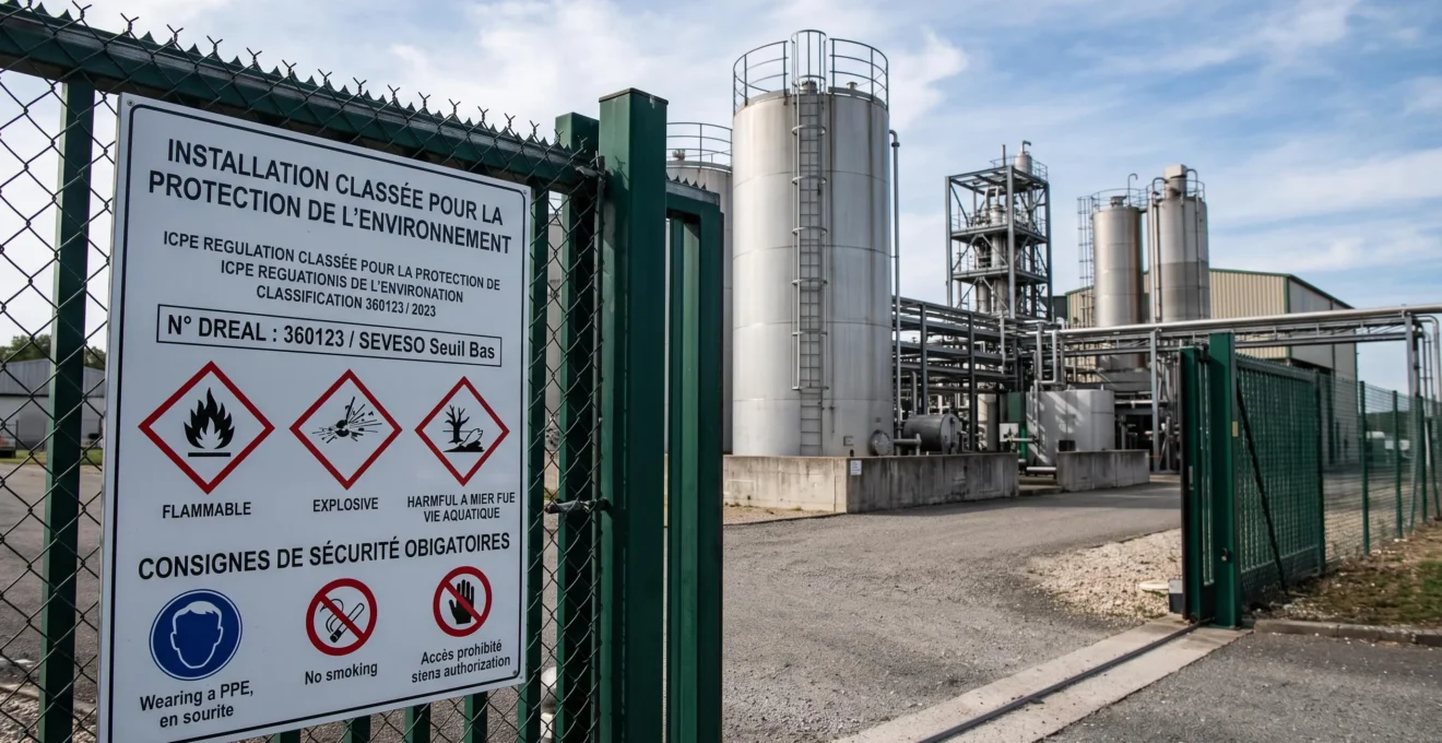 Panneau réglementaire ICPE en français affichant pictogrammes de danger et consignes de sécurité à l'entrée d'un site industriel, avec installation classée en arrière-plan