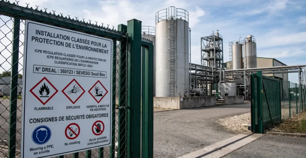 Panneau réglementaire ICPE en français affichant pictogrammes de danger et consignes de sécurité à l'entrée d'un site industriel, avec installation classée en arrière-plan